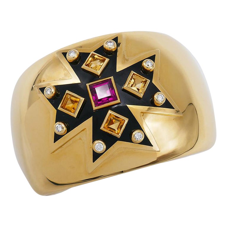 Verdura Maltese Cross Cuff Bracelet 18k Gold Gemstones For Sale