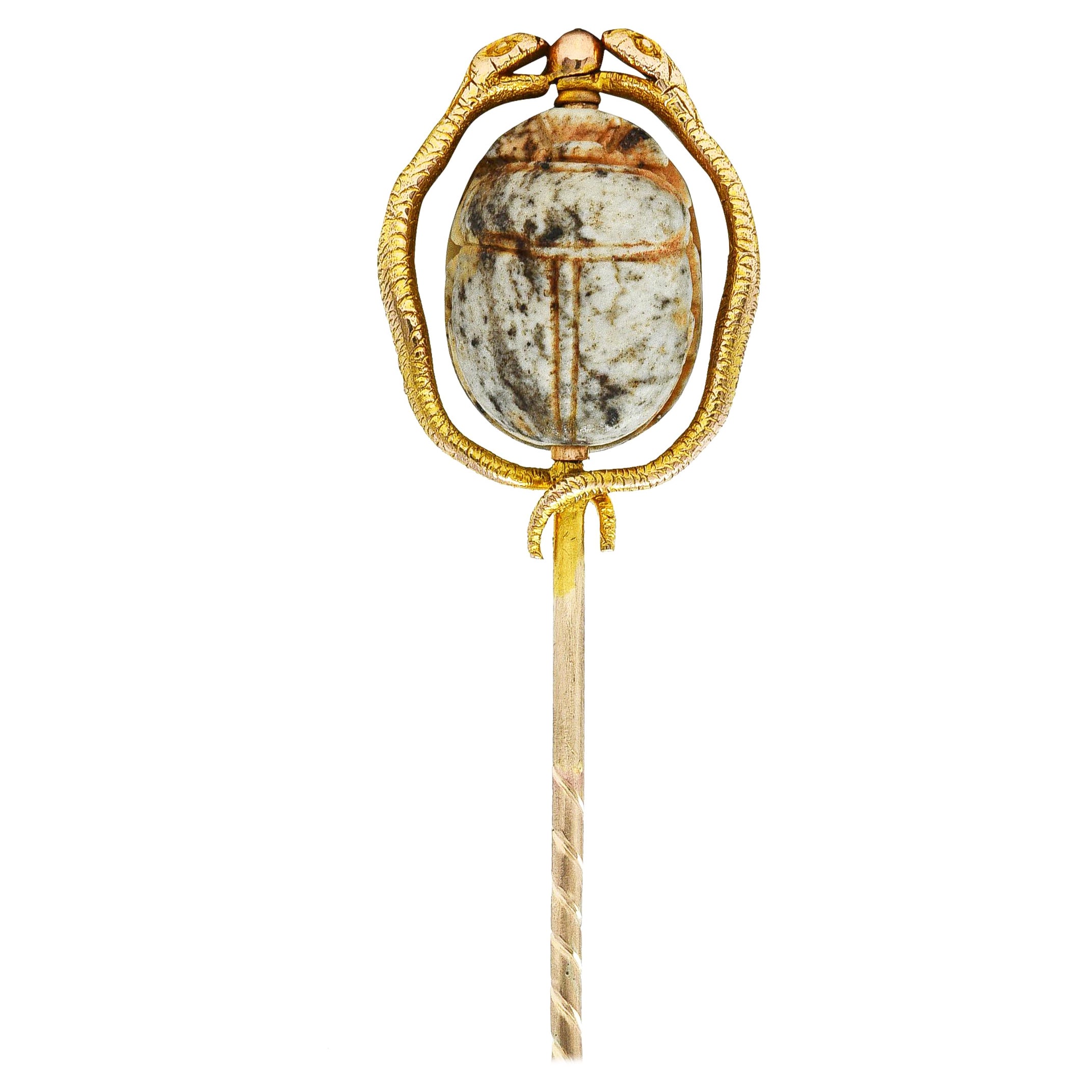Victorian Egyptian Revival Hardstone 18 Karat Gold Scarab Snake Antique Stickpin