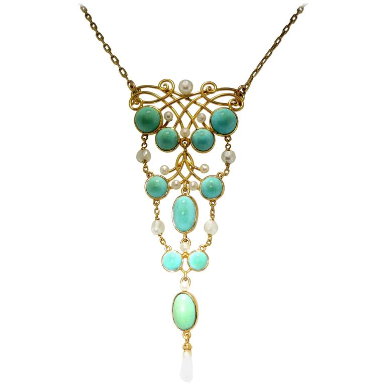 Art Nouveau Pearl Turquoise Gold Necklace For Sale at 1stDibs
