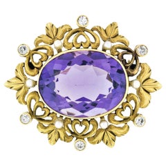 Antique Art Nouveau 14K Gold Amethyst Diamond Pearl Foliated Heart Frame Brooch