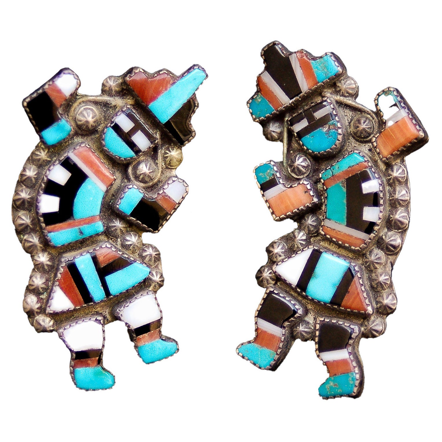 Classic and Rare Small Matched Pair of Zuni Rainbow Dancer Pins by Merle Edaakie For Sale