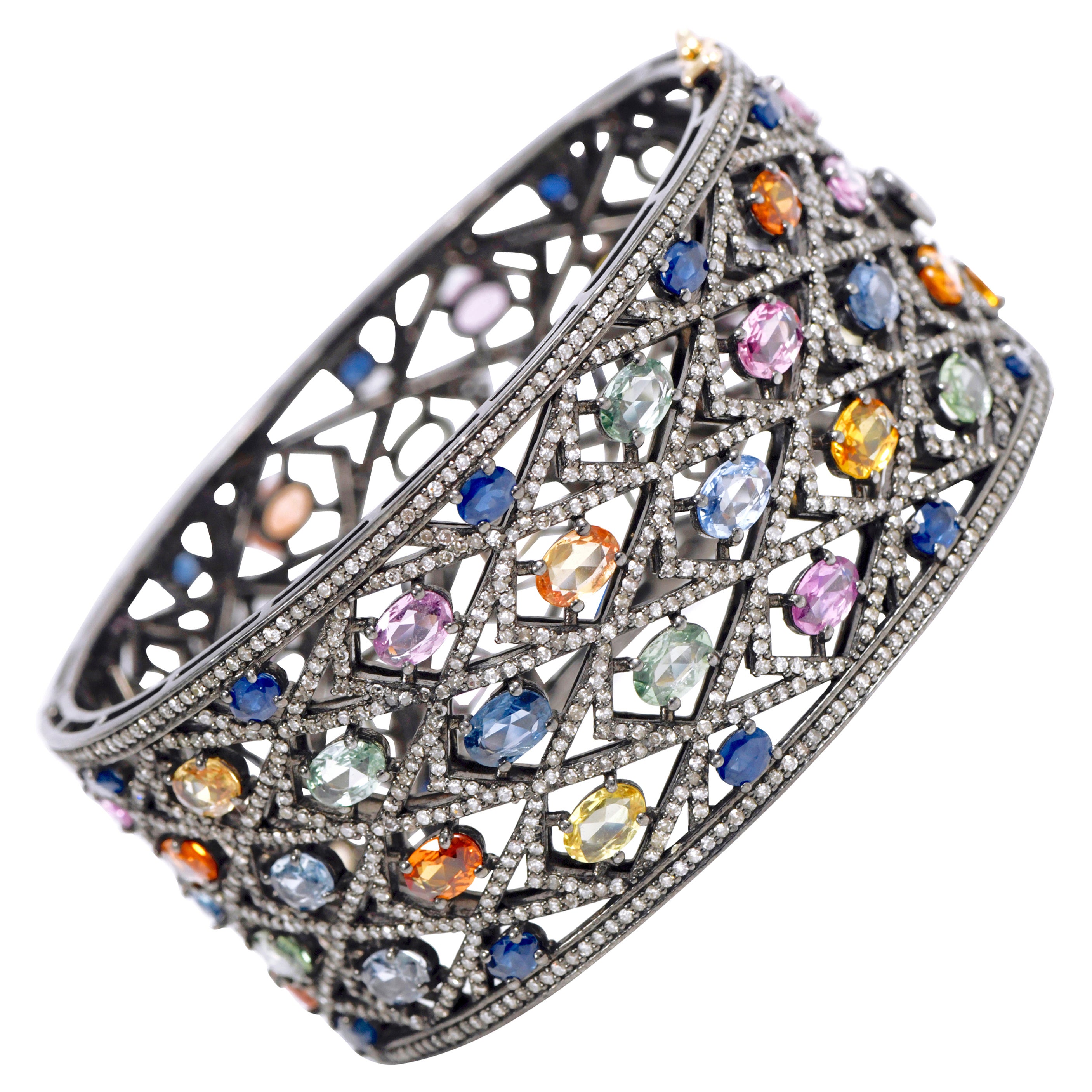 Rainbow Multi-Sapphire and Diamond Bangle in Art-Deco Victorian Style For Sale