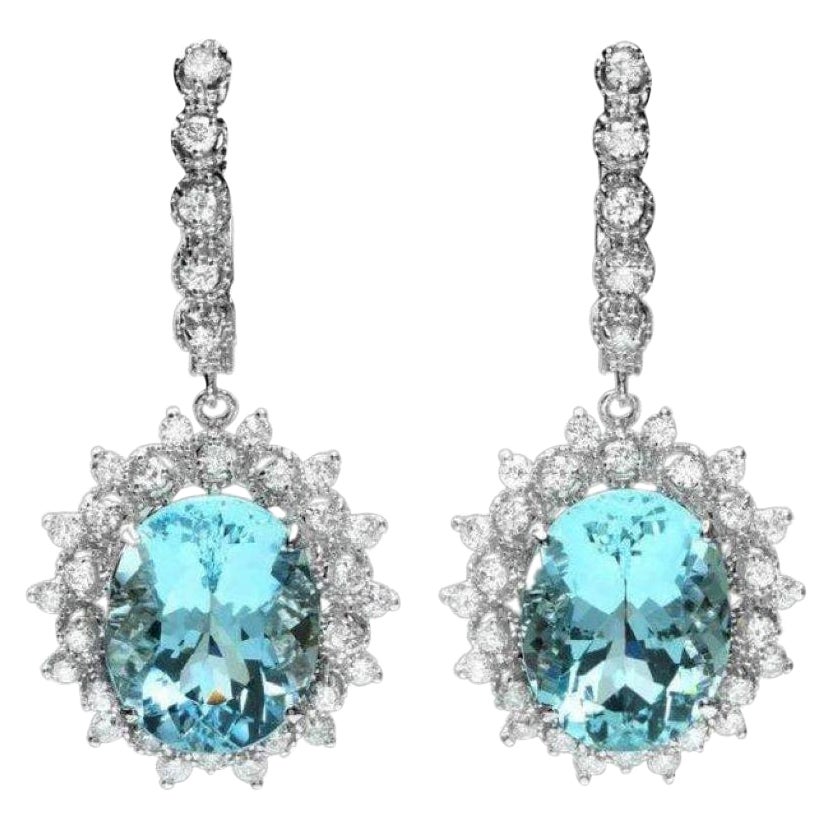 14.30Ct Natural Aquamarine and Diamond 14K Solid White Gold Earrings