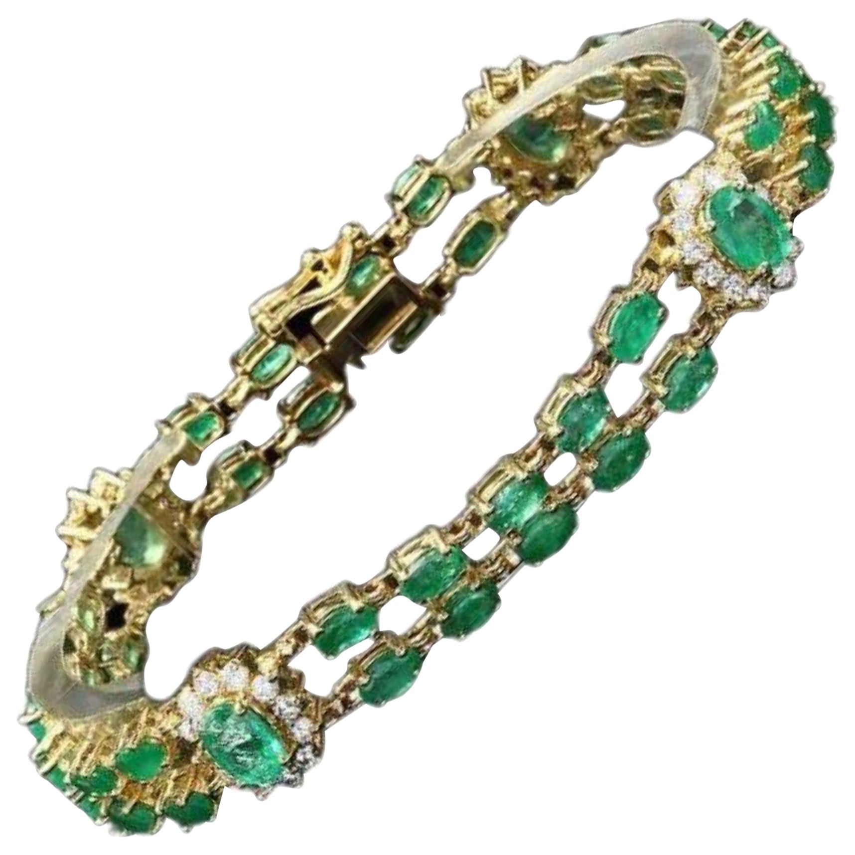 Bracelet impressionnant en or jaune massif 14 carats avec émeraudes naturelles et diamants de 13,30 carats