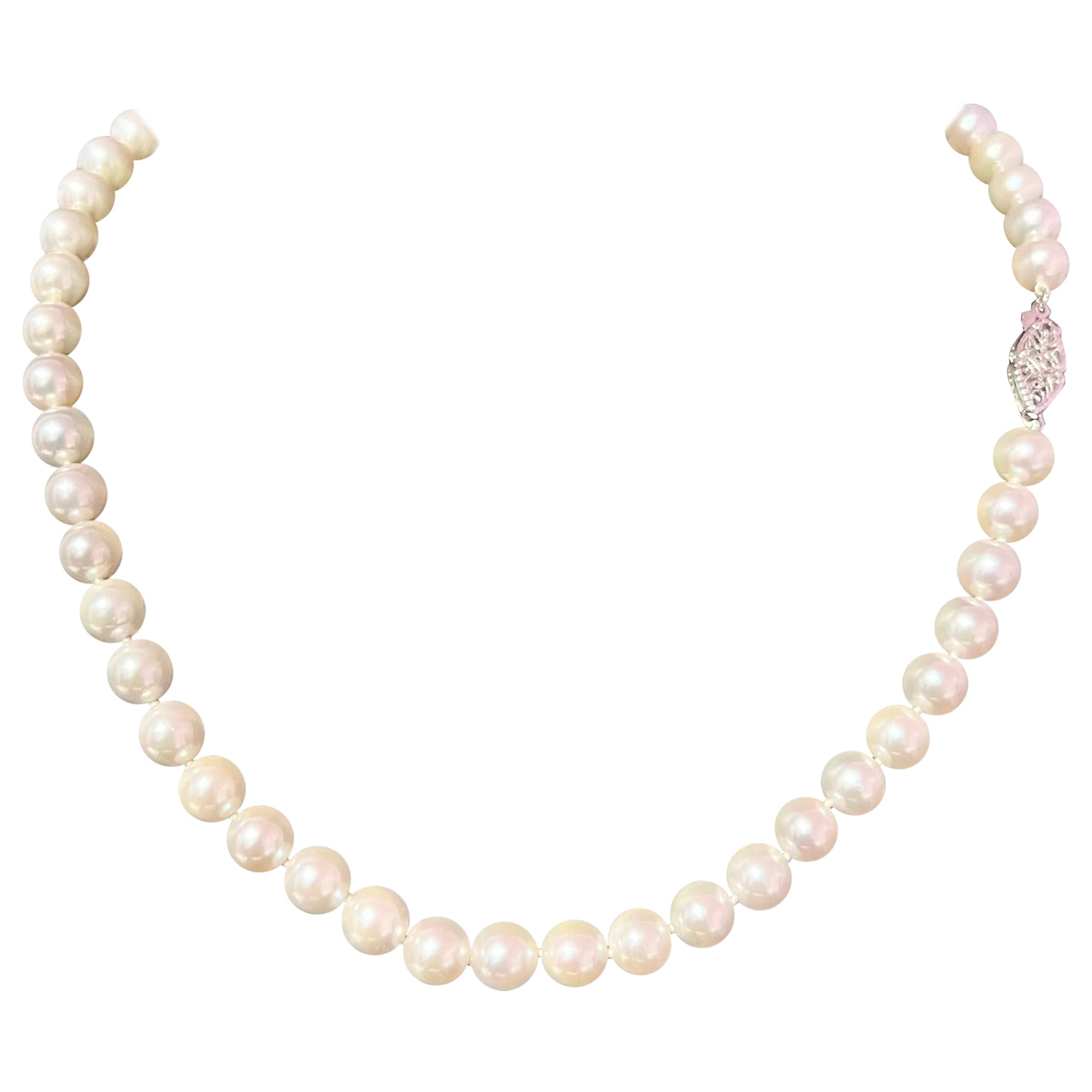 Akoya Pearl Necklace 14k White Gold 8.5 mm Certified For Sale at