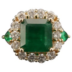 Art Deco 3 Carat Natural Emerald Diamond Cocktail Ring, 18K Gold Engagement Ring