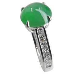 Certified Jade & Diamond Ring. Almost Imperial Green Color, Superb Glow!