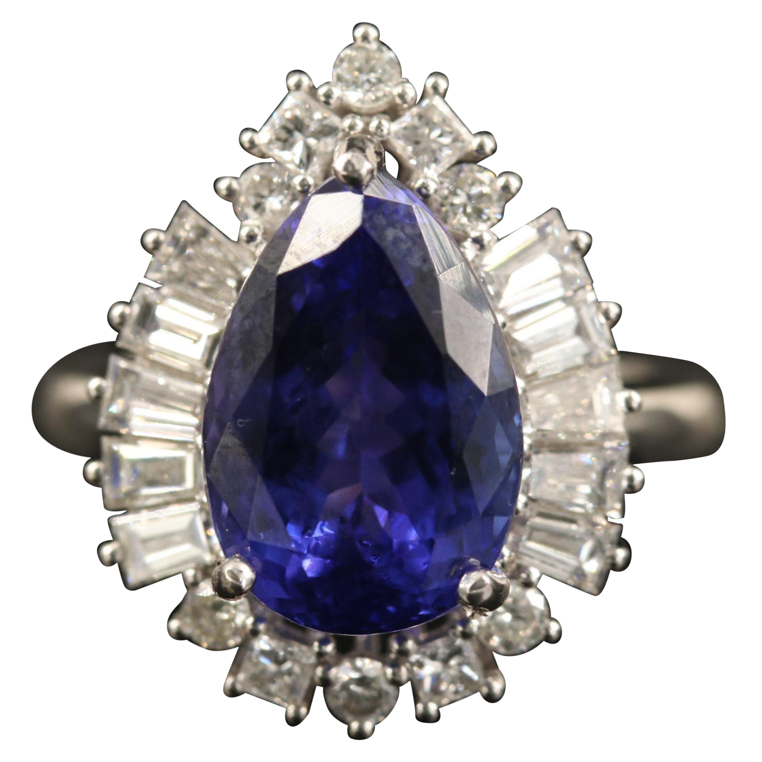 For Sale:  5.9 Carat Pear Cut Tanzanite Engagement Ring Art Deco Halo Diamond Wedding Ring