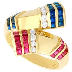 Vintage Sapphire, Ruby and Diamond Yellow Gold Twist Ring