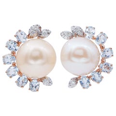 Pink Pearls, Aquamarine, Diamonds, 14 Karat Rose Gold Retrò Earrings