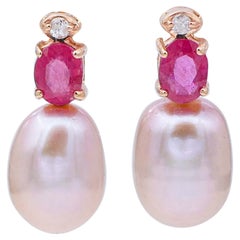 Purple Pearls, Rubies, Diamonds, 18 Karat Rose Gold Earrings