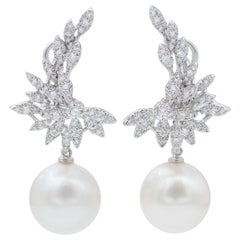 South-Sea Pearls, Diamonds, 18 Karat White Gold Earrings