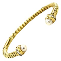 Vintage David Yurman 14K Yellow Gold Pearls and Diamonds Cable Bracelet