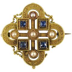 Victorian Pearl Sapphire Gold Brooch 
