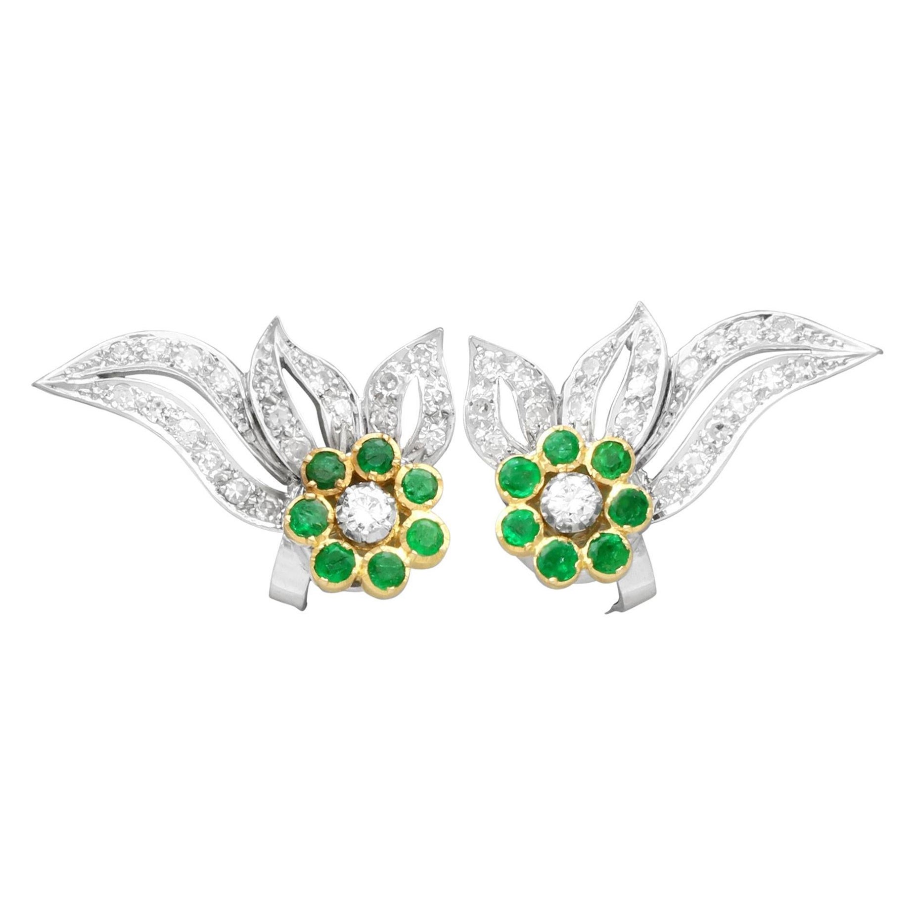 Vintage Emerald and 1.35 Carat Diamond and White Gold Earrings, Circa 1950 For Sale