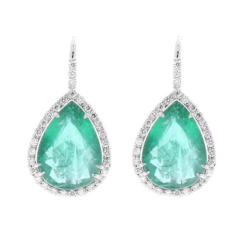 AGL Certified 11.18 Carat Total Pear Shaped Emerald & Diamond Earrings in 18K For Sale