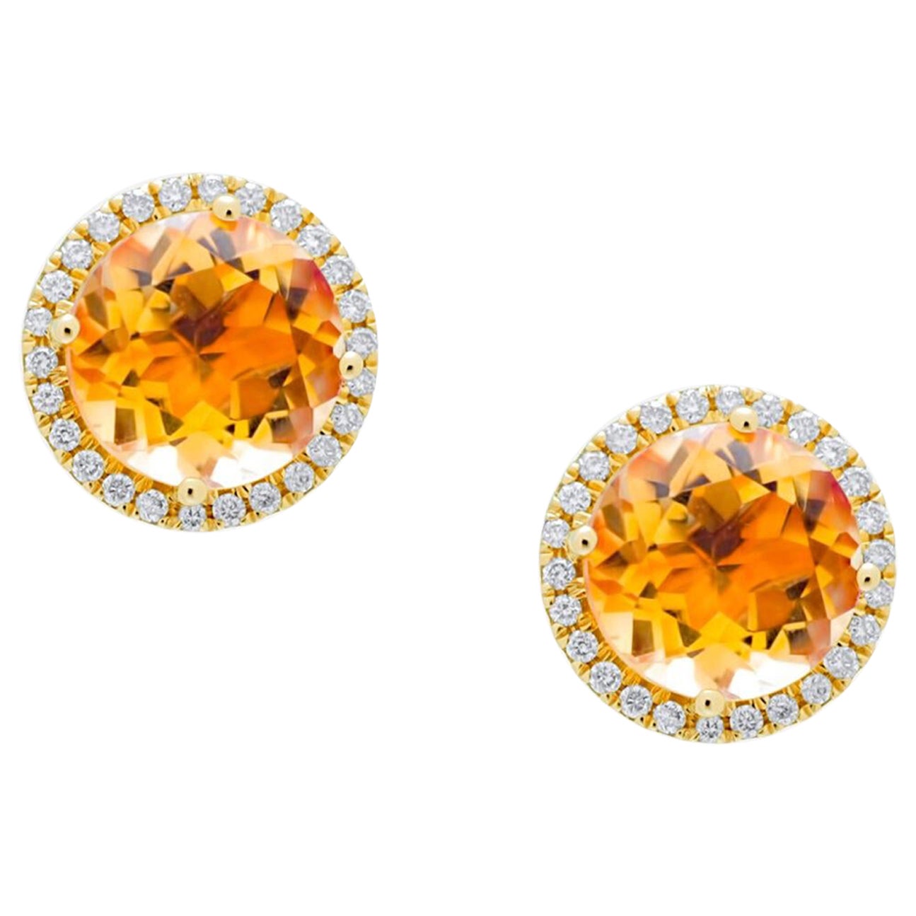 Round Orange Citrine Diamond Halo Statement 18 Karat Rose Gold Stud Earrings