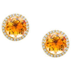 Round Orange Citrine Diamond Halo Statement 18 Karat Rose Gold Stud Earrings