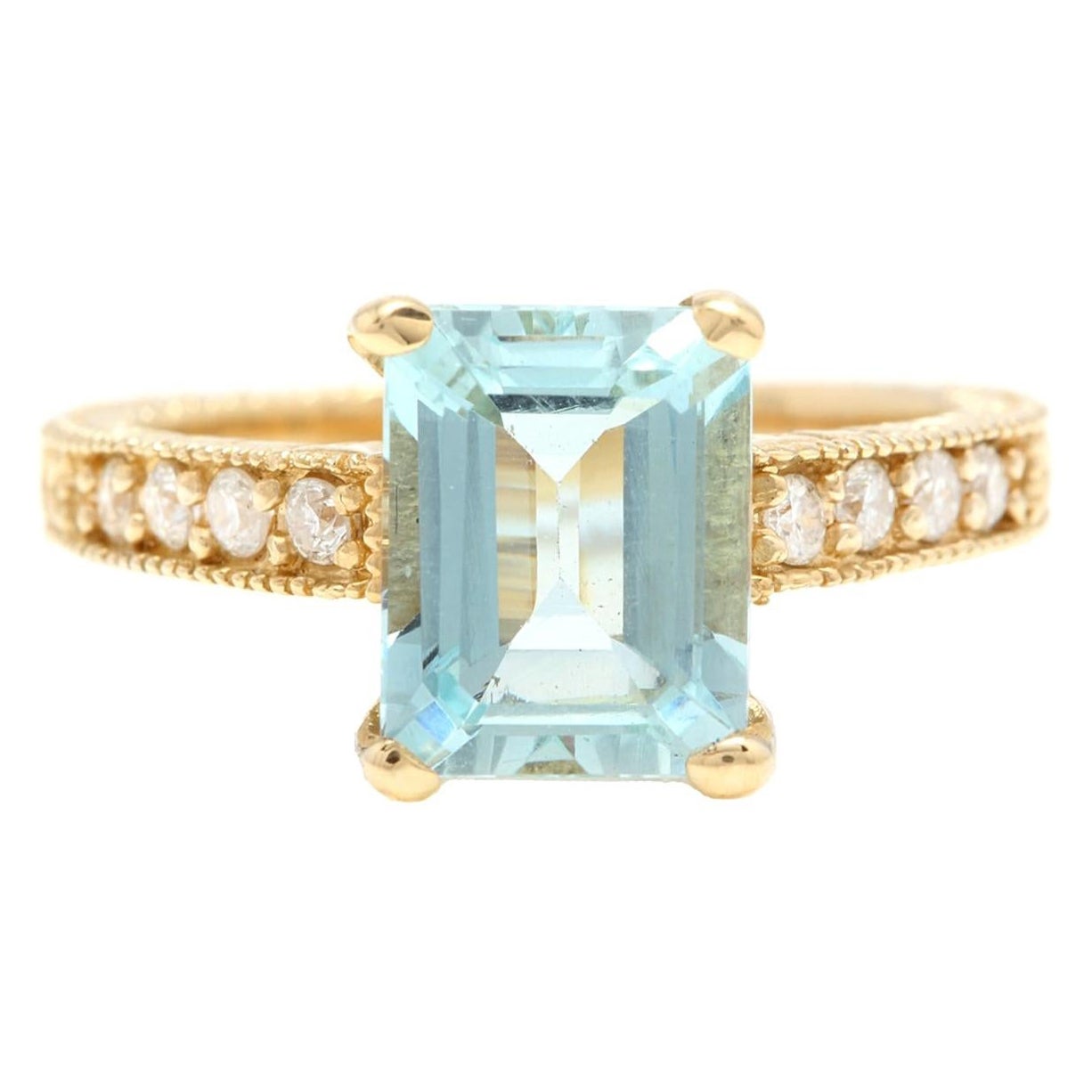 3.20 Carats Impressive Natural Aquamarine and Diamond 14K Yellow Gold Ring For Sale