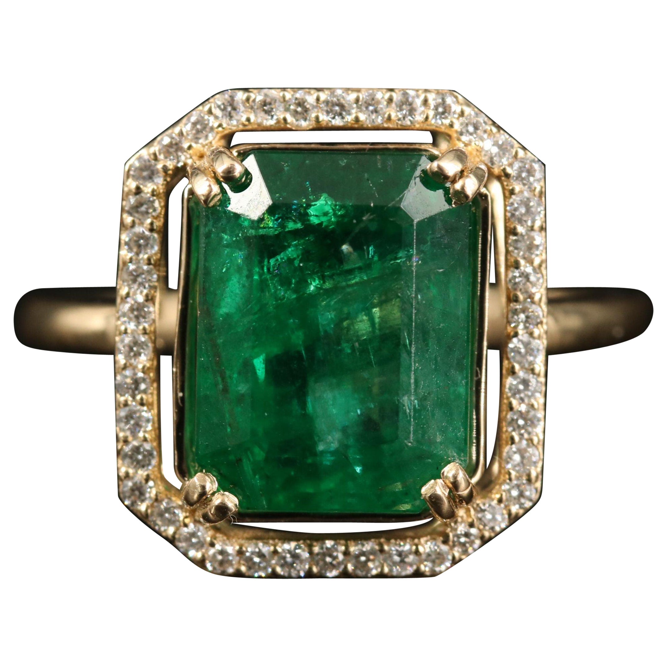 4 Carat Natural Emerald Engagement Ring, Halo Emerald and Diamond Wedding Ring