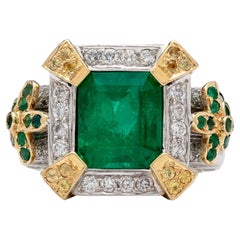 Antique 3.5 Carat Emerald Engagement Ring, Halo Emerald Diamond Cocktail Ring