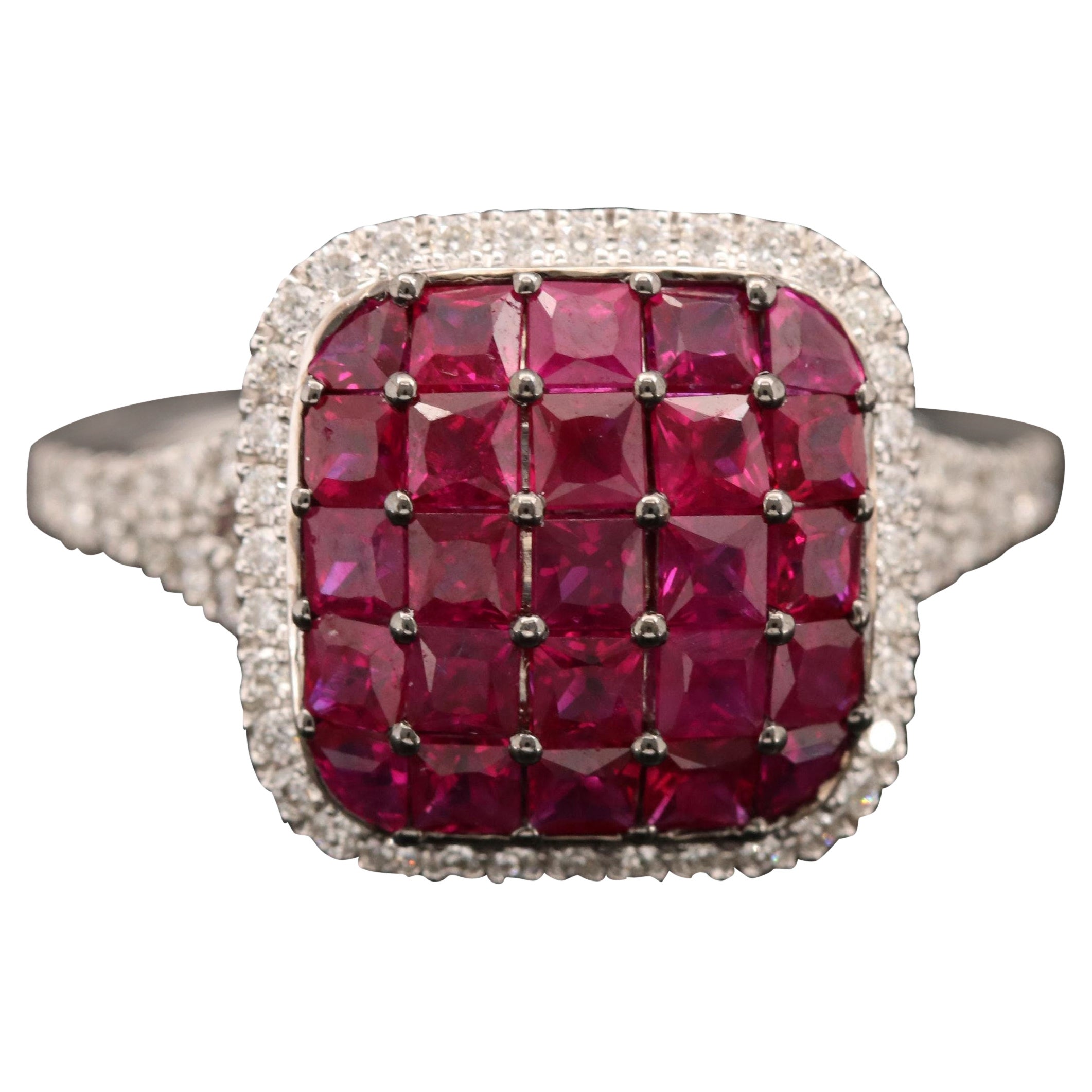 Art Deco Certified Natural Ruby and Diamond Engagement Ring in 18K White Gold