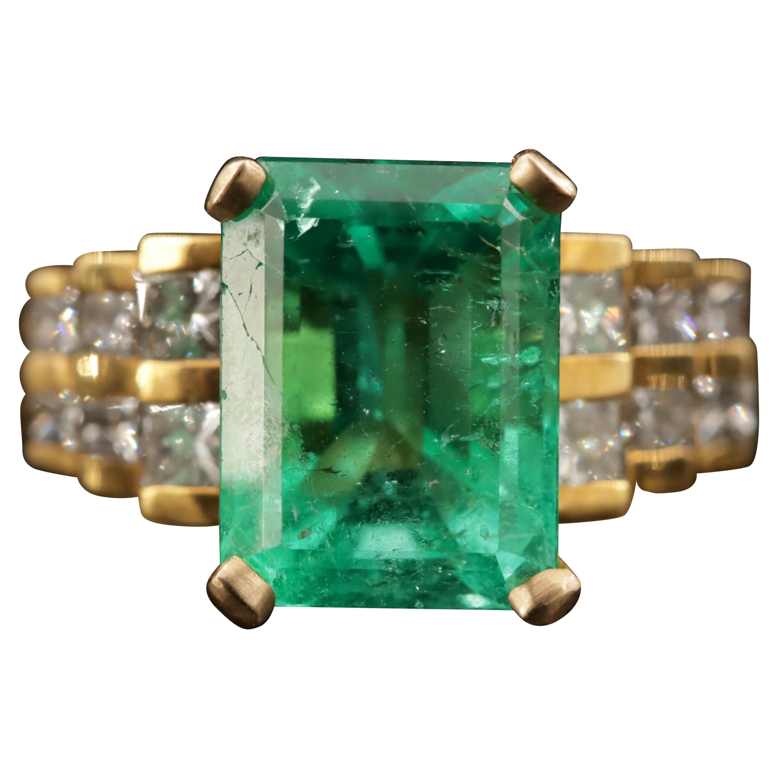 For Sale:  Art Deco 3 CT Certified Natural Emerald and Diamond Engagement Ring in 18K Gold