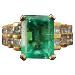 Art Deco 3 CT Certified Natural Emerald and Diamond Engagement Ring in 18K Gold