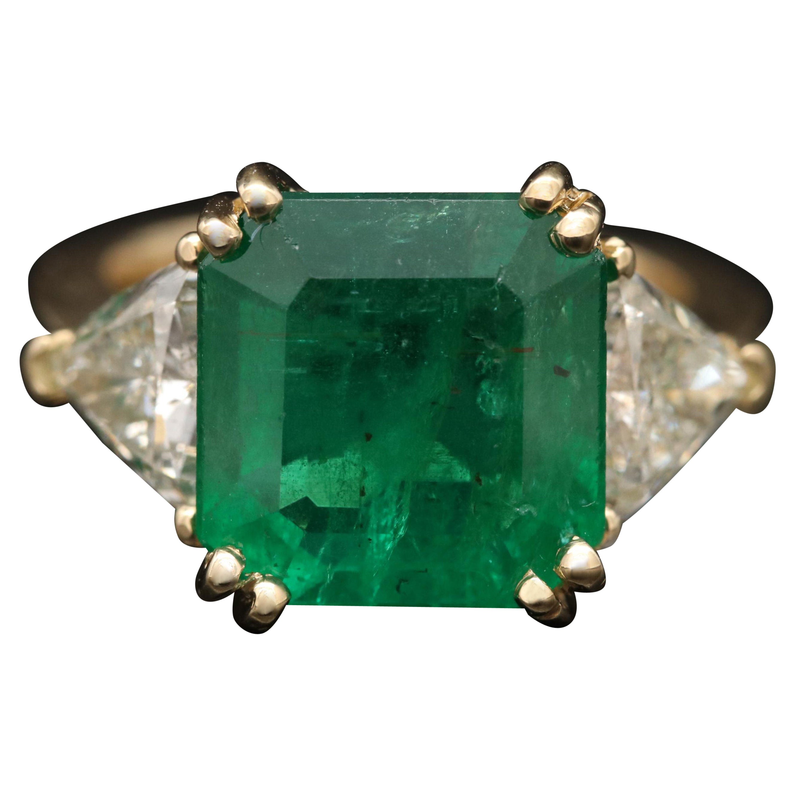 For Sale:  5 Carat Three Stone Emerald Diamond Engagement Ring Antique Bridal Cocktail Ring
