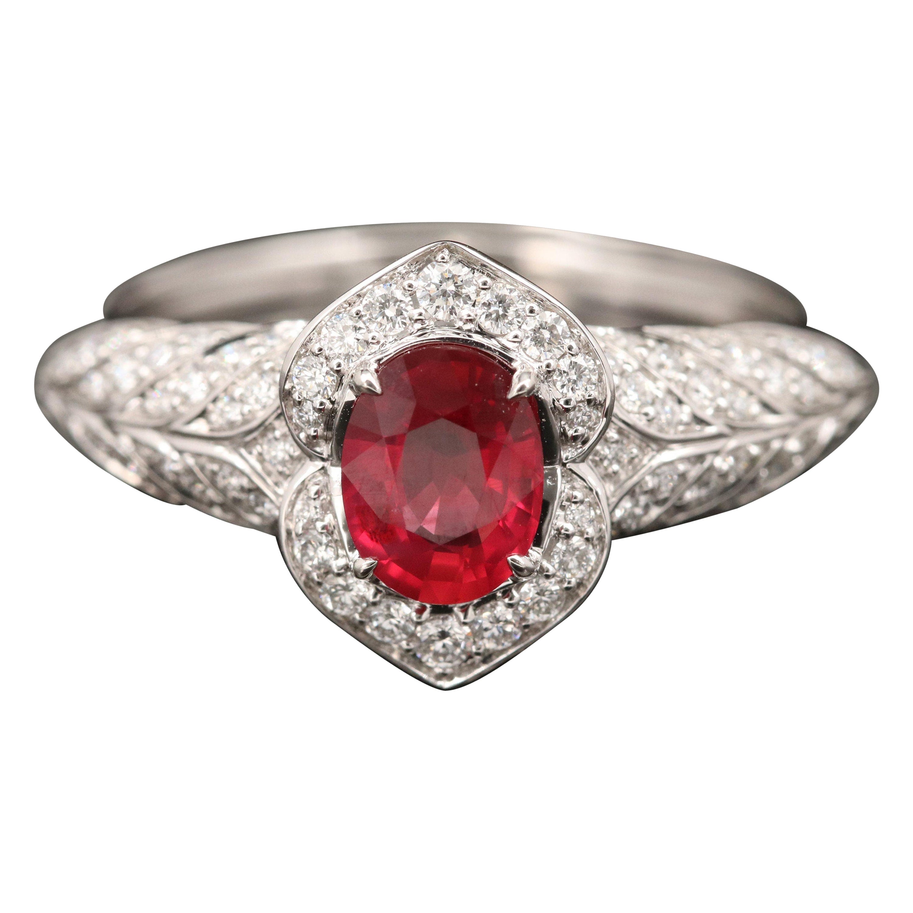 Minimalist Natural Ruby Diamond White Gold Engagement Ring Art Deco Promise Ring