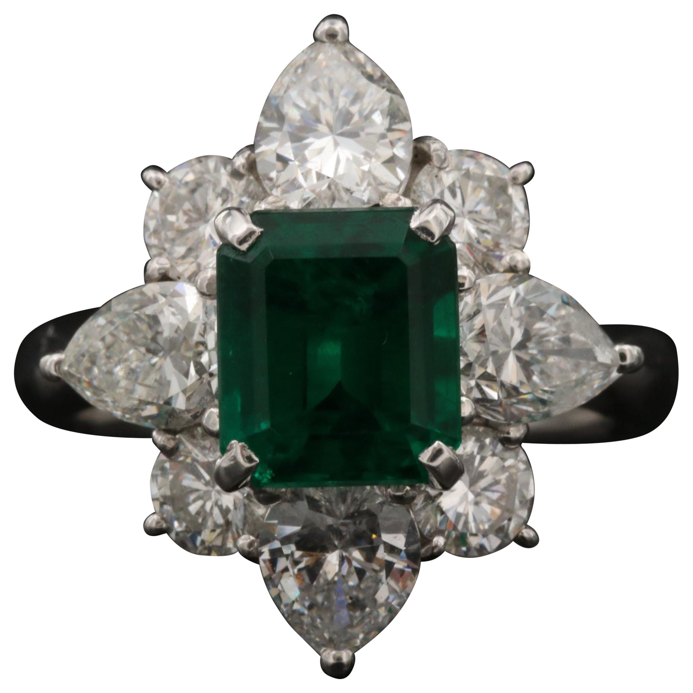 For Sale:  1.9 Carat Floral Emerald and Diamond Engagement Ring, White Gold Cocktail Ring