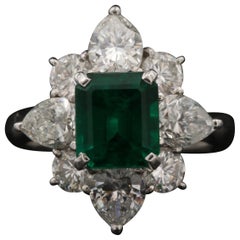 Floral Colombian Emerald Diamond Engagement Ring, White Gold Cocktail Ring