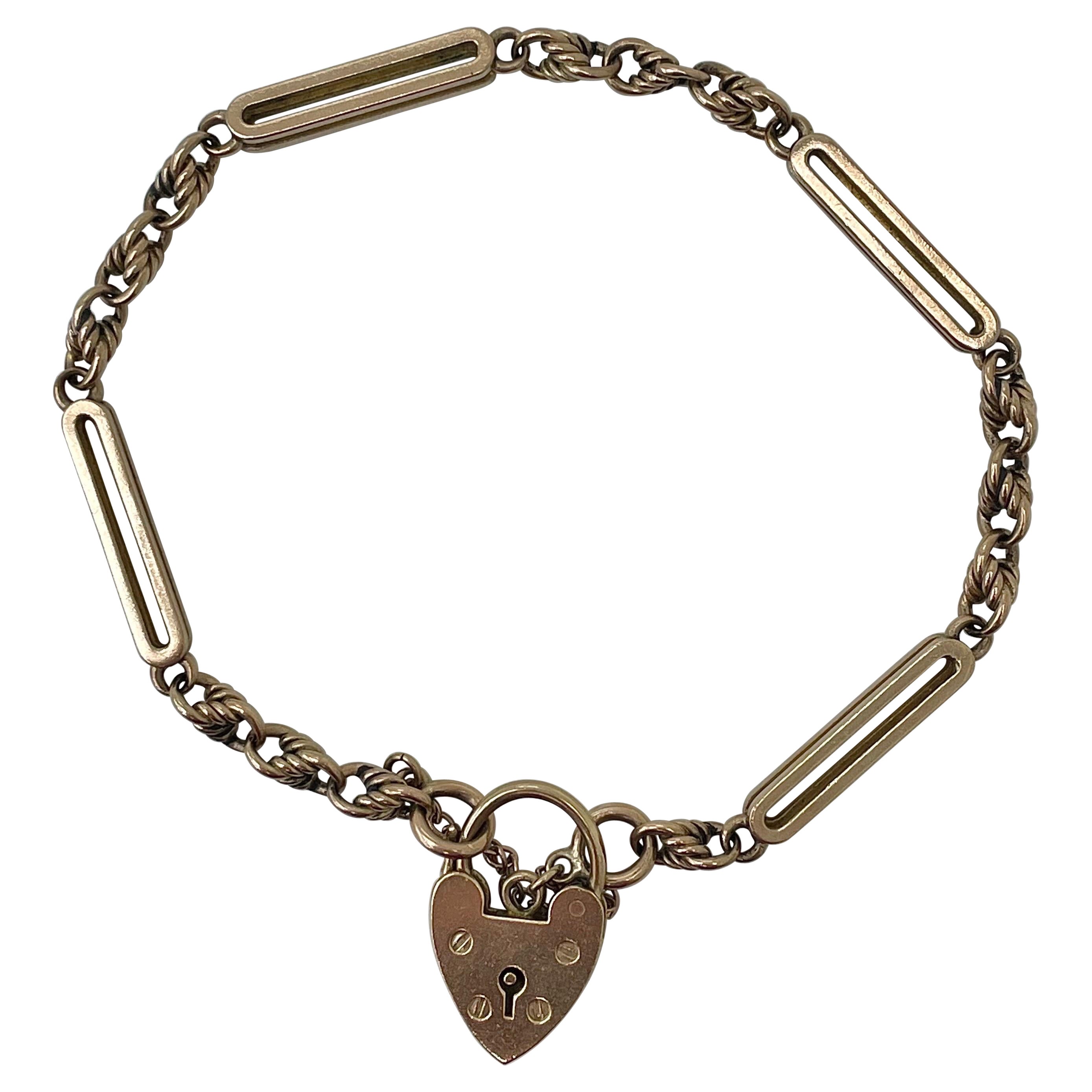 Pretty Antique 9ct Yellow Gold Curb Bracelet with Heart Padlock For Sale