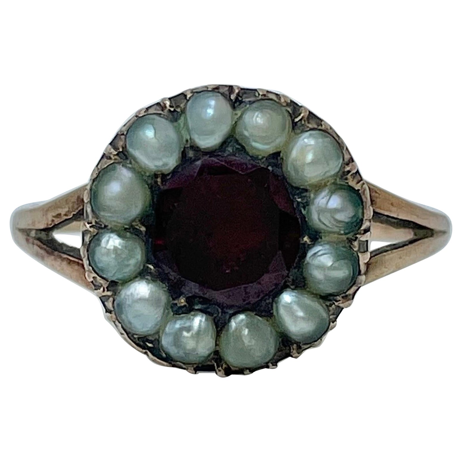 Georgian Flat Cut Garnet and Pearl Halo Yellow Gold Domed Back Ring For Sale
