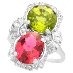 Platin Vintage Art Deco 3,04 Karat Peridot 3,12 Karat Rosa Turmalin Diamant Platin  Ring