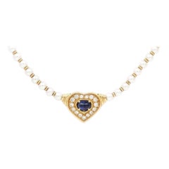 Contemporary 18ct Gold Heart Shaped Sapphire, Diamond and Pearl Necklace