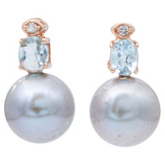 Aquamarine, Grey Pearls, Diamonds, 14 Karat Rose Gold Earrings