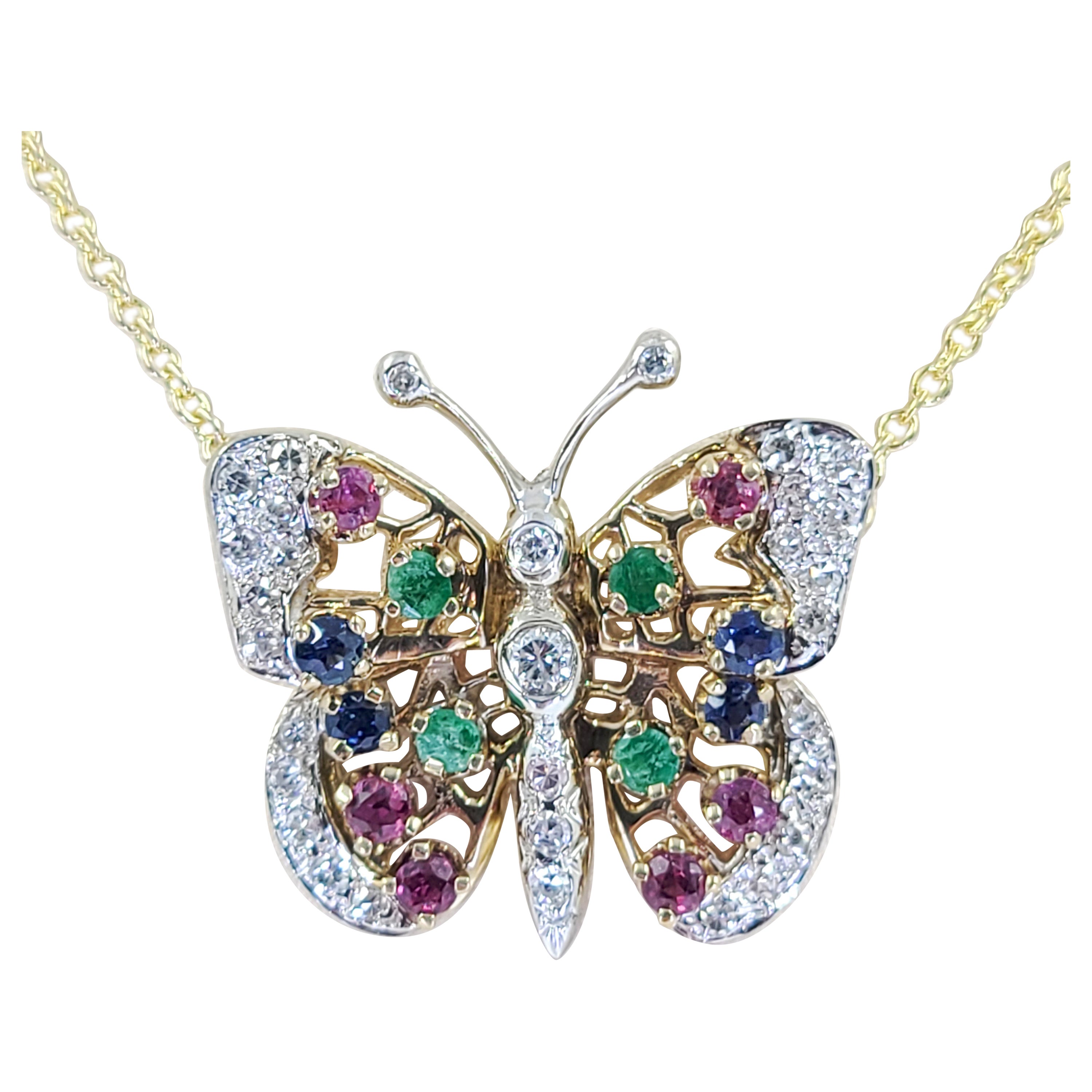 Gold, Diamond, Ruby, Sapphire, and Emerald Butterfly Pendant Necklace