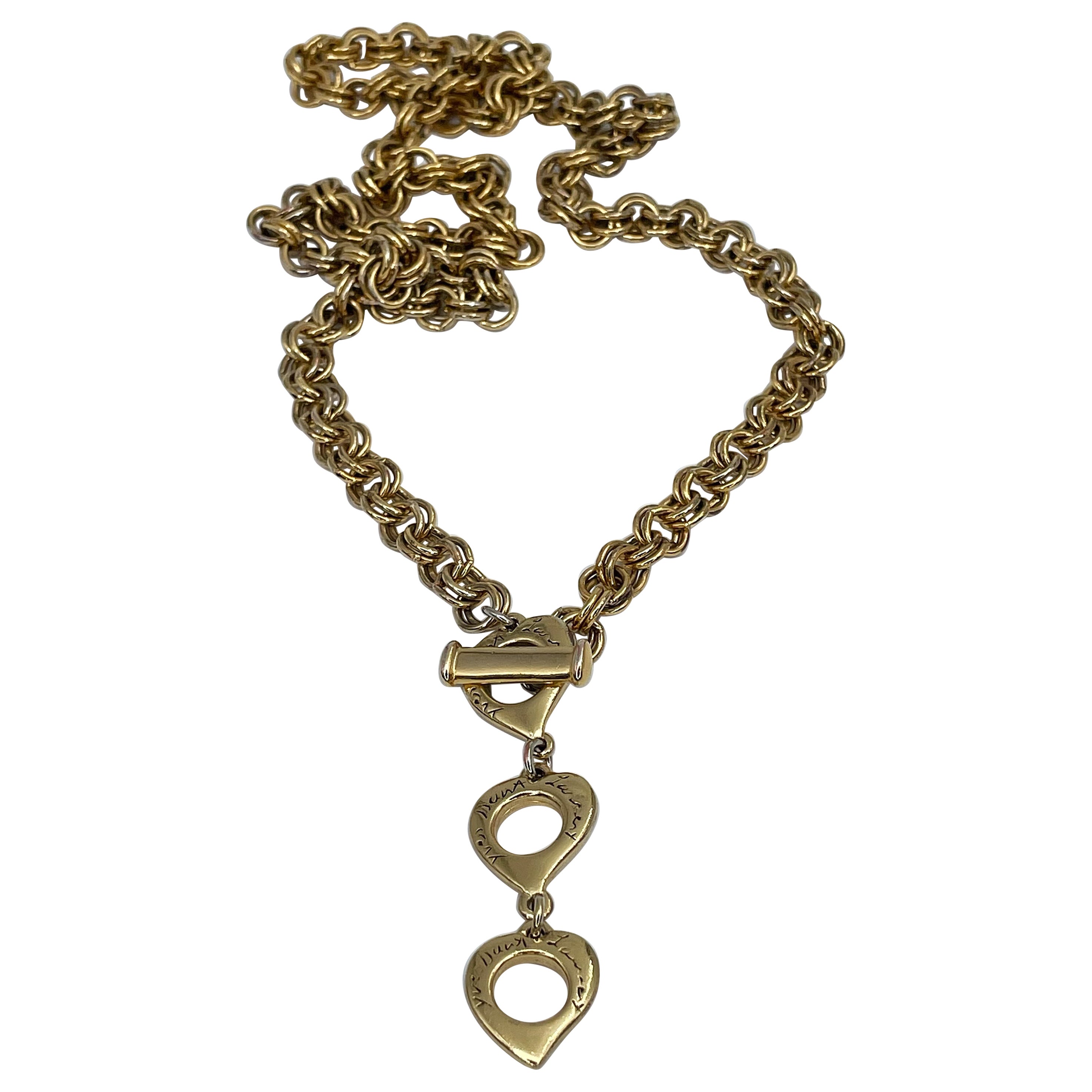 1980s Vintage Yves Saint Laurent YSL Gold Tone Three Heart Chain Necklace