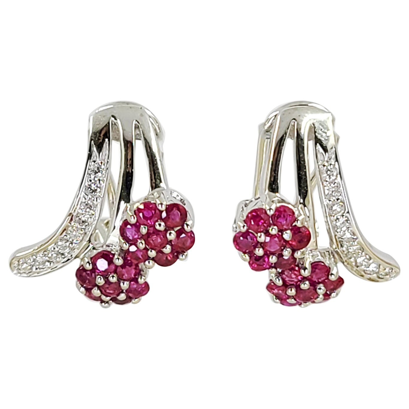 White Gold, Diamond, and Ruby Cluster Earrings For Sale