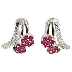 Used White Gold, Diamond, and Ruby Cluster Earrings
