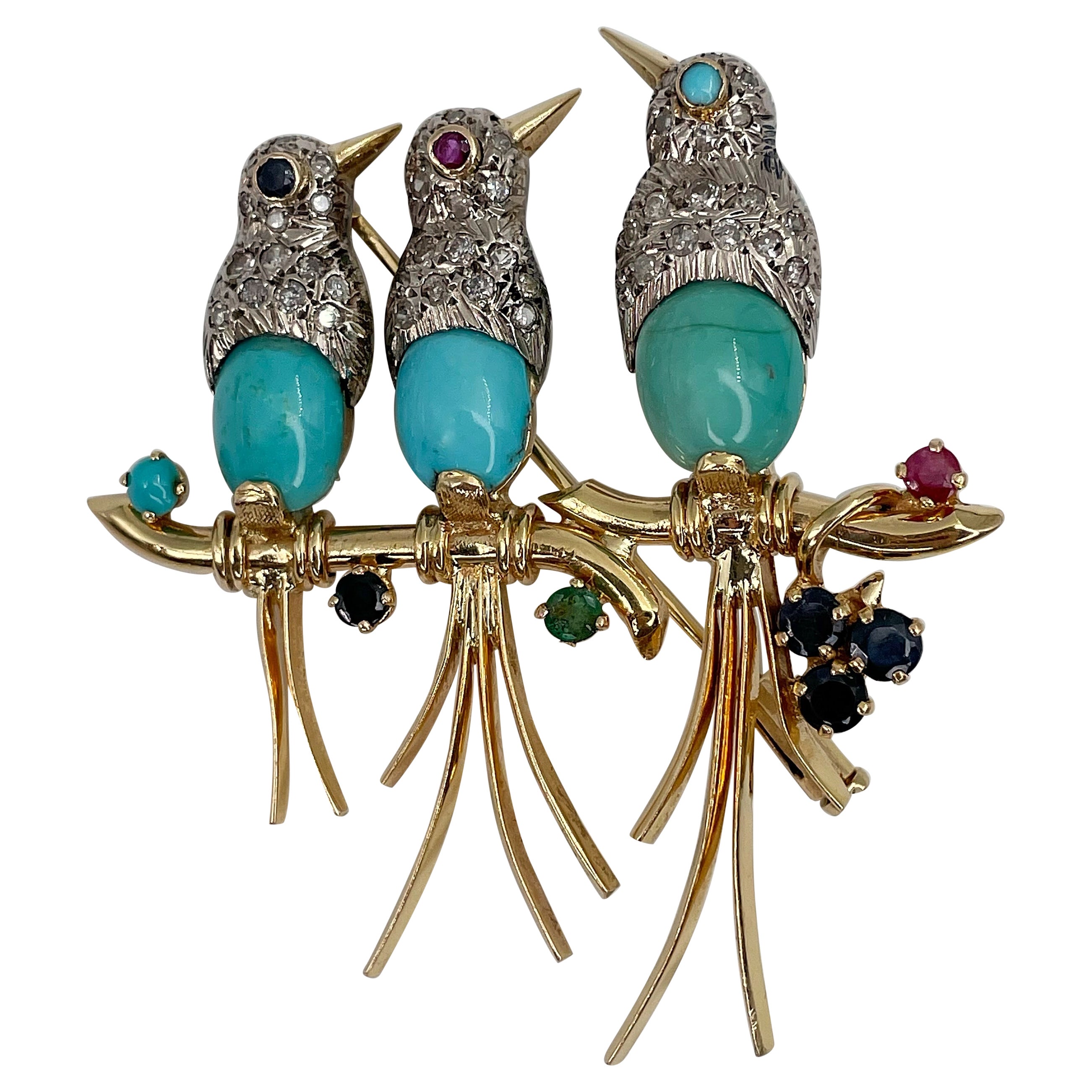 Vintage 18 Karat Gold Diamond Turquoise Sapphire Ruby Emerald Love Birds Brooch For Sale