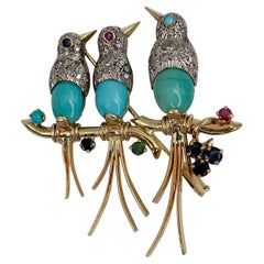 Vintage 18 Karat Gold Diamond Turquoise Sapphire Ruby Emerald Love Birds Brooch
