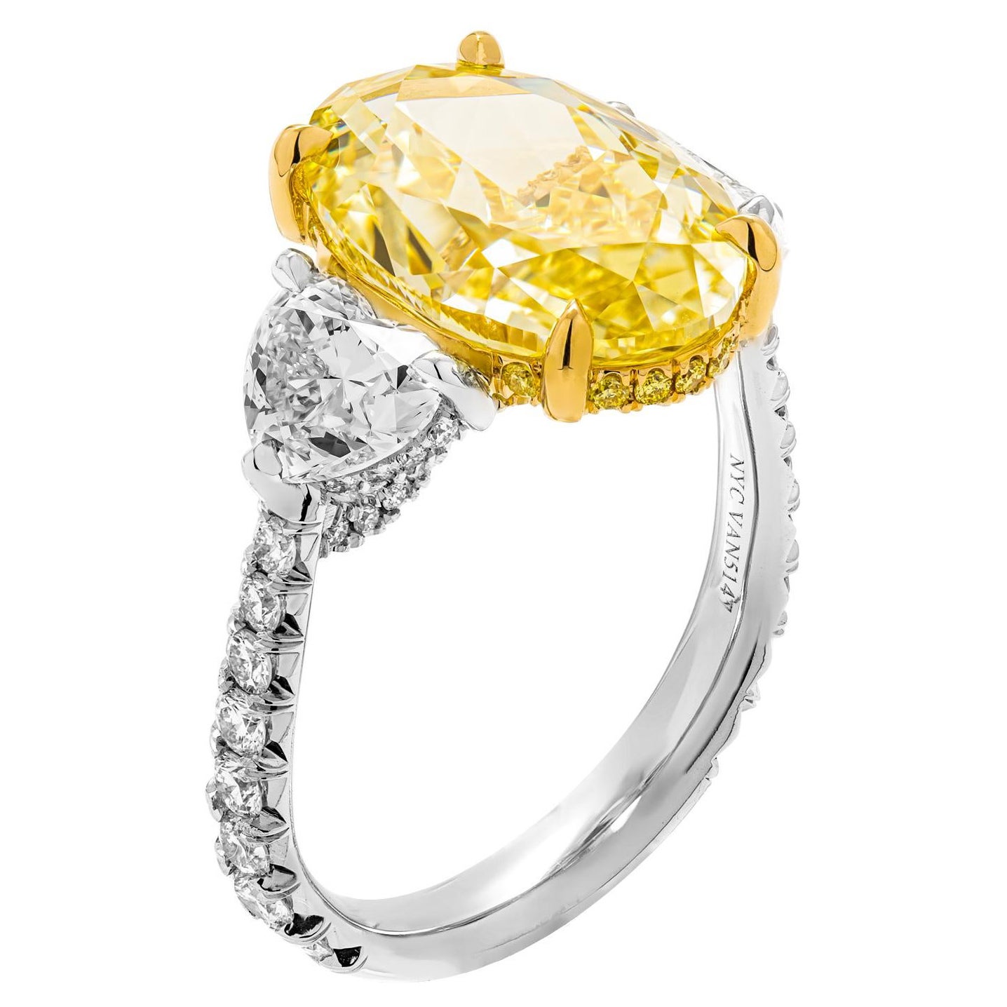 GIA Certified 6.02ct Natural Fancy Yellow Even VVS2 Oval Cut Three-Stone Ring For Sale