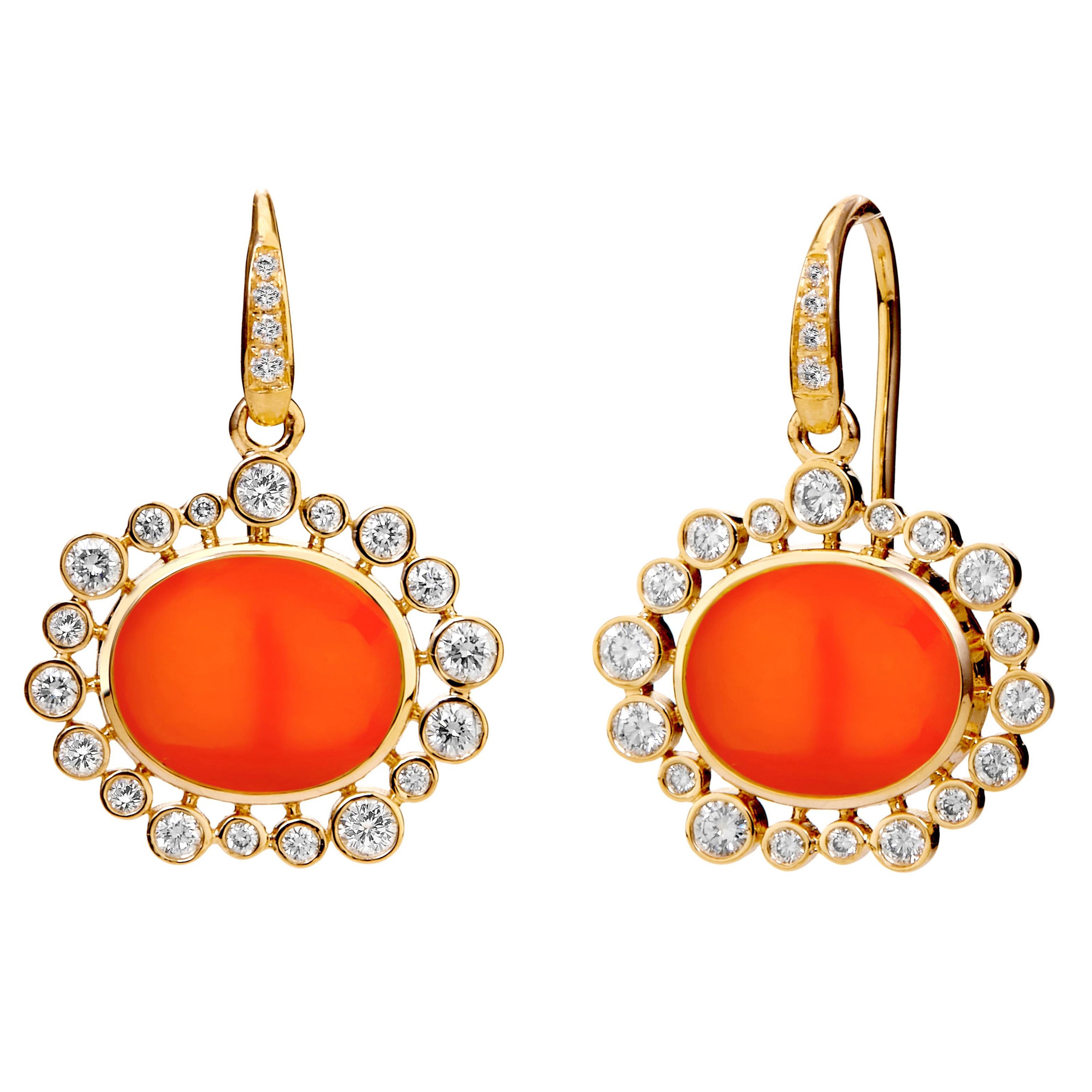 Syna Yellow Gold Orange Chalcedony Earrings with Diamonds For Sale