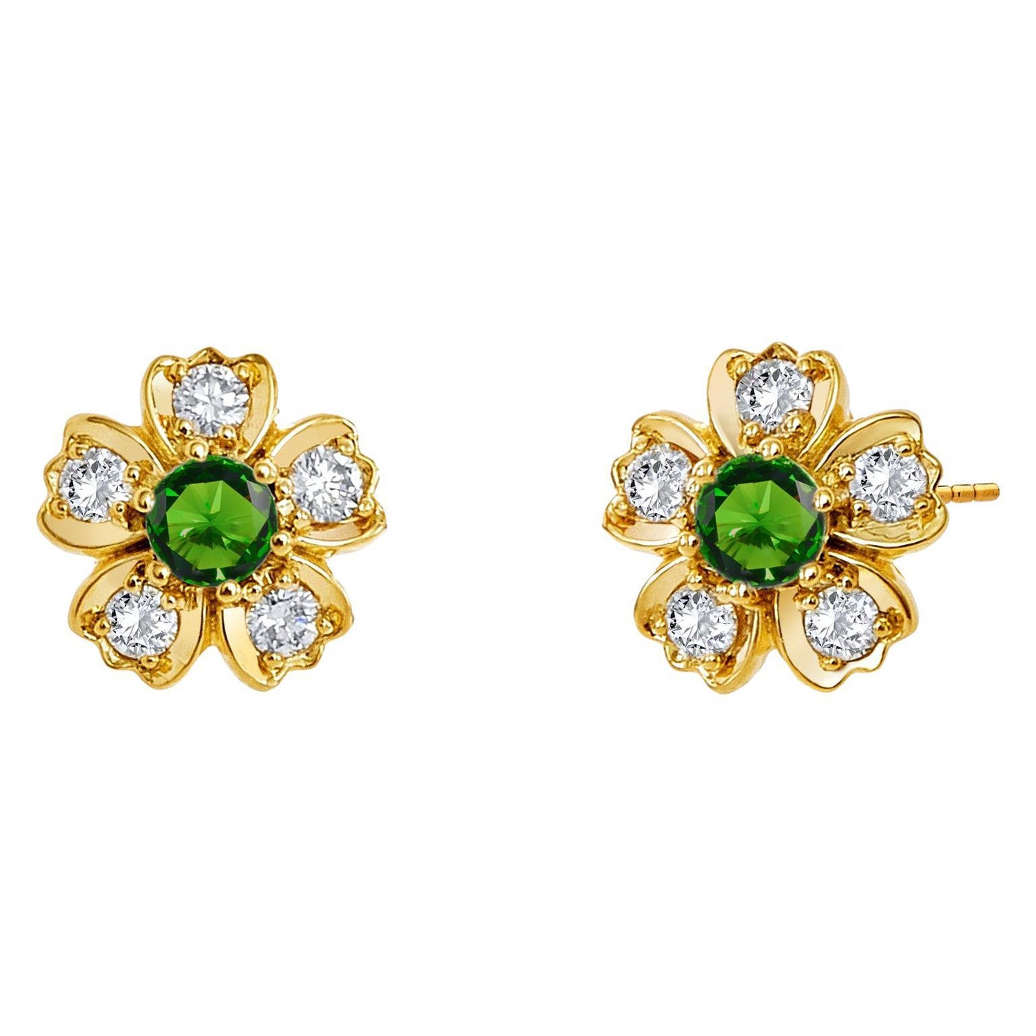 Syna Yellow Gold Emerald Flower Studs with Diamonds For Sale