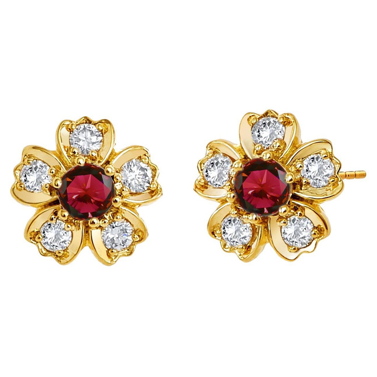 Syna Yellow Gold Ruby Flower Studs with Diamonds For Sale