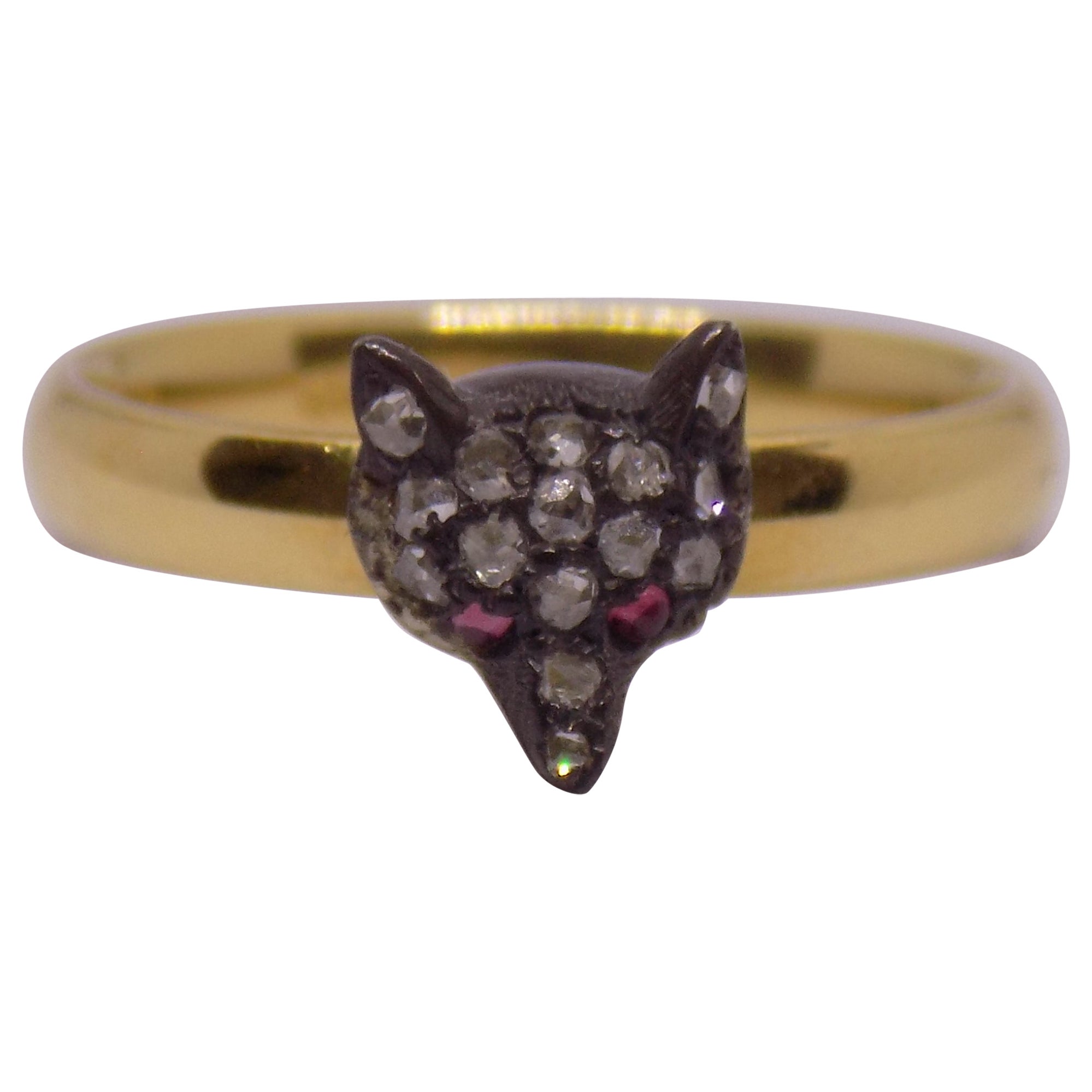 Victorian 18 Karat Gold Silver Diamond Fox Ring
