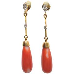 Coral and Faceted Diamond 18K Gold Earrings 4