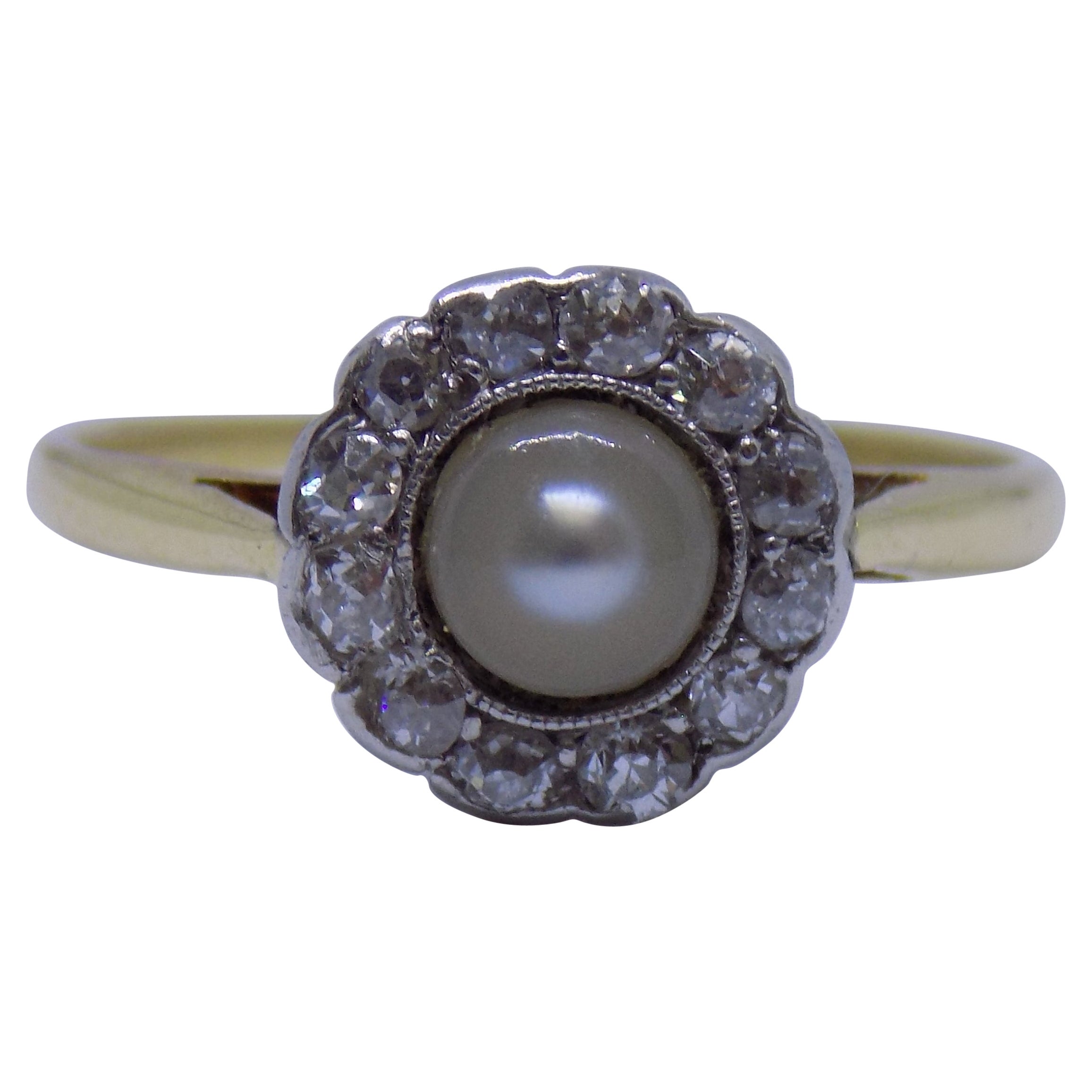 Antique Edwardian Pearl Diamond Gold Halo Ring